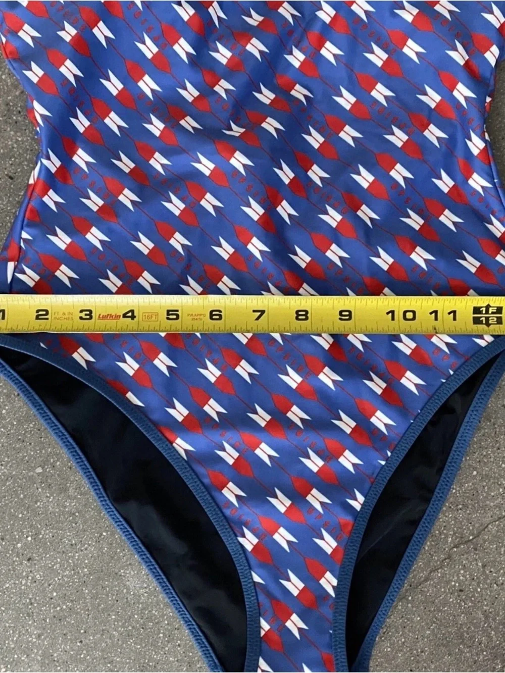 The Upside Blue Swimsuit with Red & White Geometric Print